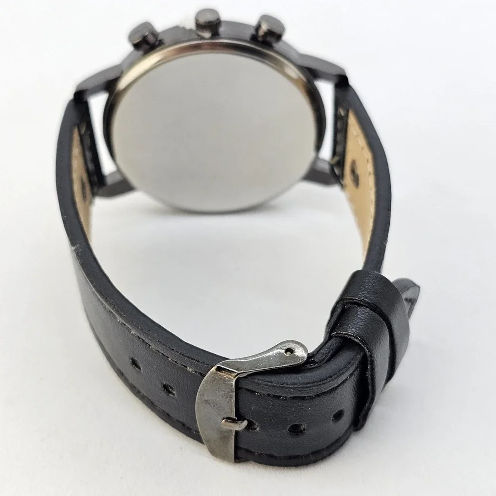2PC Men's Watch Bracelet Set 45MM Black Dial Date Black‎ Leather Bands Working
